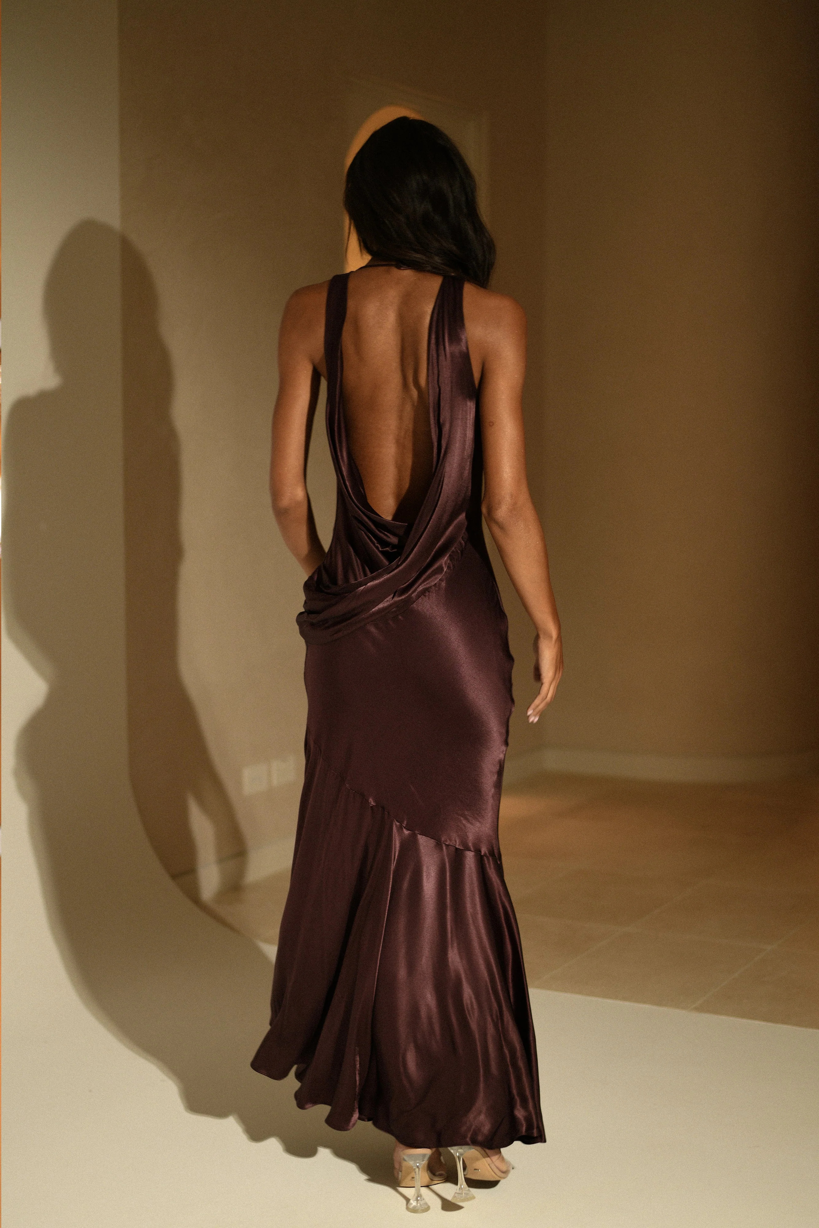 Ellison Satin Cowl Gown - Dark Chocolate | MESHKI US