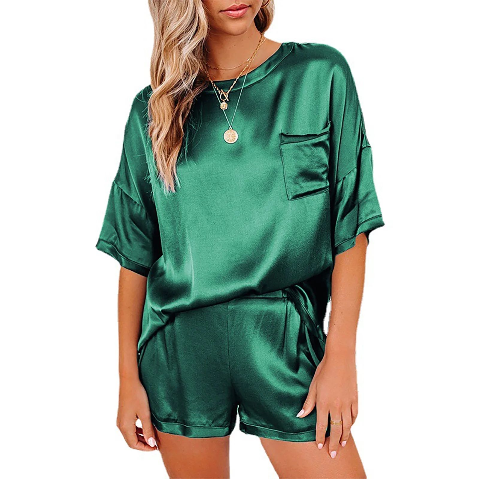 esafio Satin Pajamas Women's Short Sleeve Sleepwear Soft Silk Loungewear Shorts Set S-XL - Walmar... | Walmart (US)