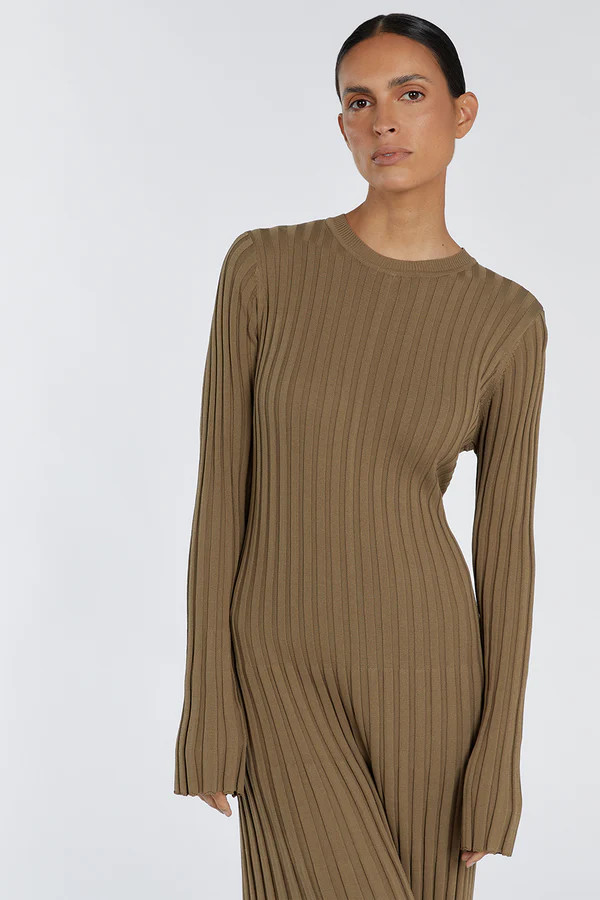 ADA KHAKI LONG SLEEVE MIDI DRESS | DISSH