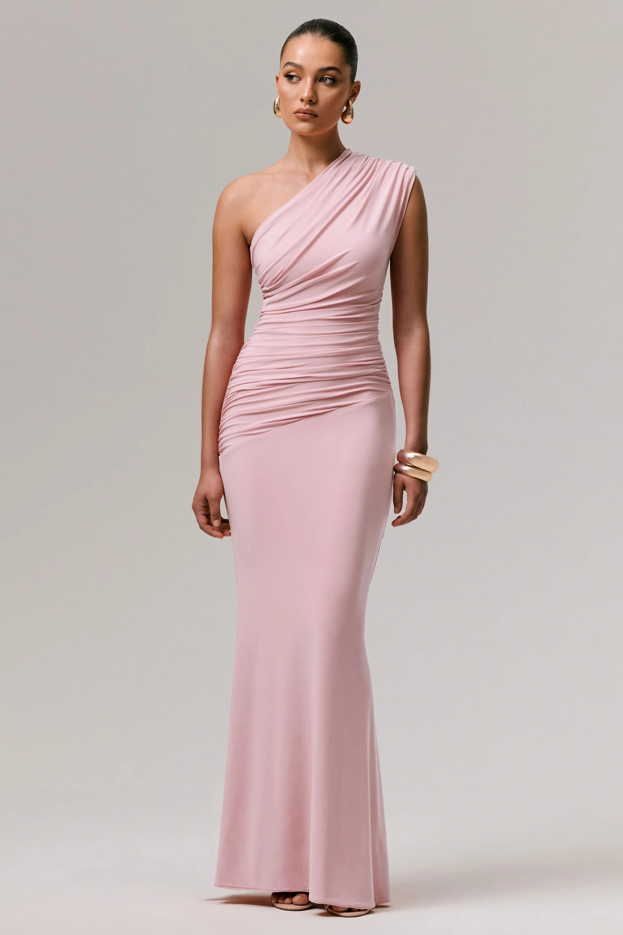 Mardi | Pink Asymmetric Maxi Dress With Ruching | Club L London