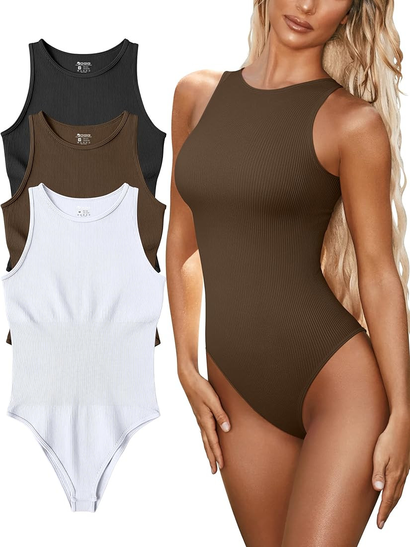 OQQ Women's 3 Piece Bodysuits Sexy Ribbed One Piece Sleeveless Halter Neck Bodysuits | Amazon (US)