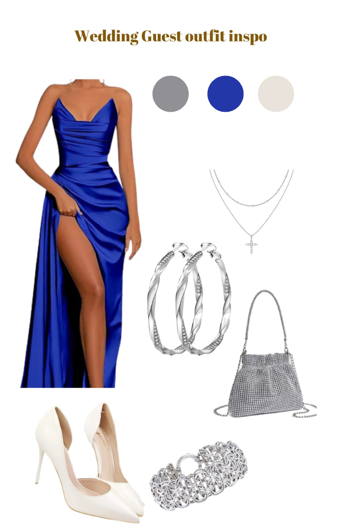 Royal blue dress, silver bag, silver earrings, silver cross necklace, white pump heels 

#LTKwedding #LTKFind #LTKSale