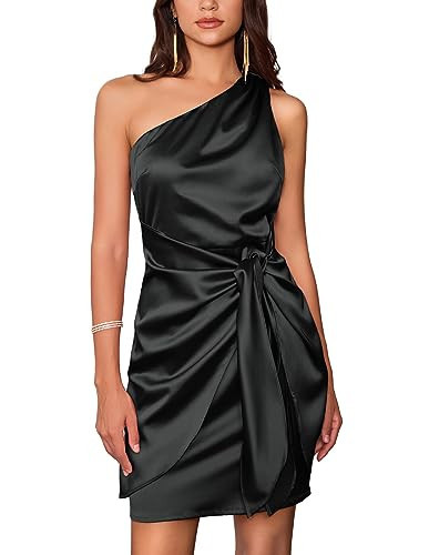 Satin Dress for Women 2024 Fall Cocktail Mini Silk Dress One Shoulder Sleeveless Party Dresses Black | Amazon (US)