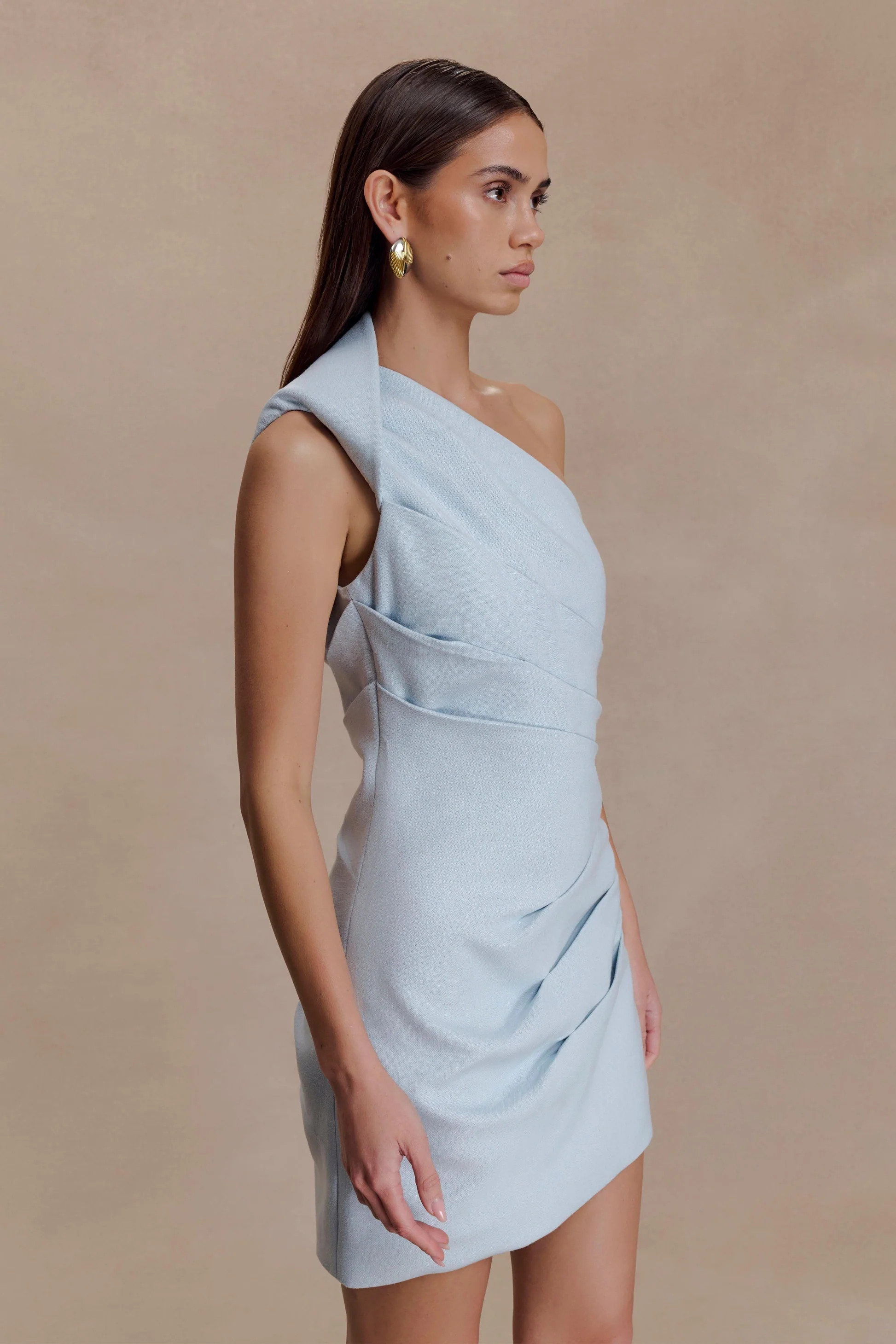 Helena One Shoulder Linen Mini Dress - Powder Blue | Meshki UK