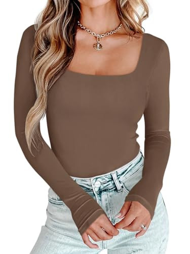 PINKMSTYLE Tight Long Sleeve Shirts for Women Square Neck Slim Fitted Tops Double Lined Y2K Date Night Outfits Coffee XX-Large | Amazon (US)