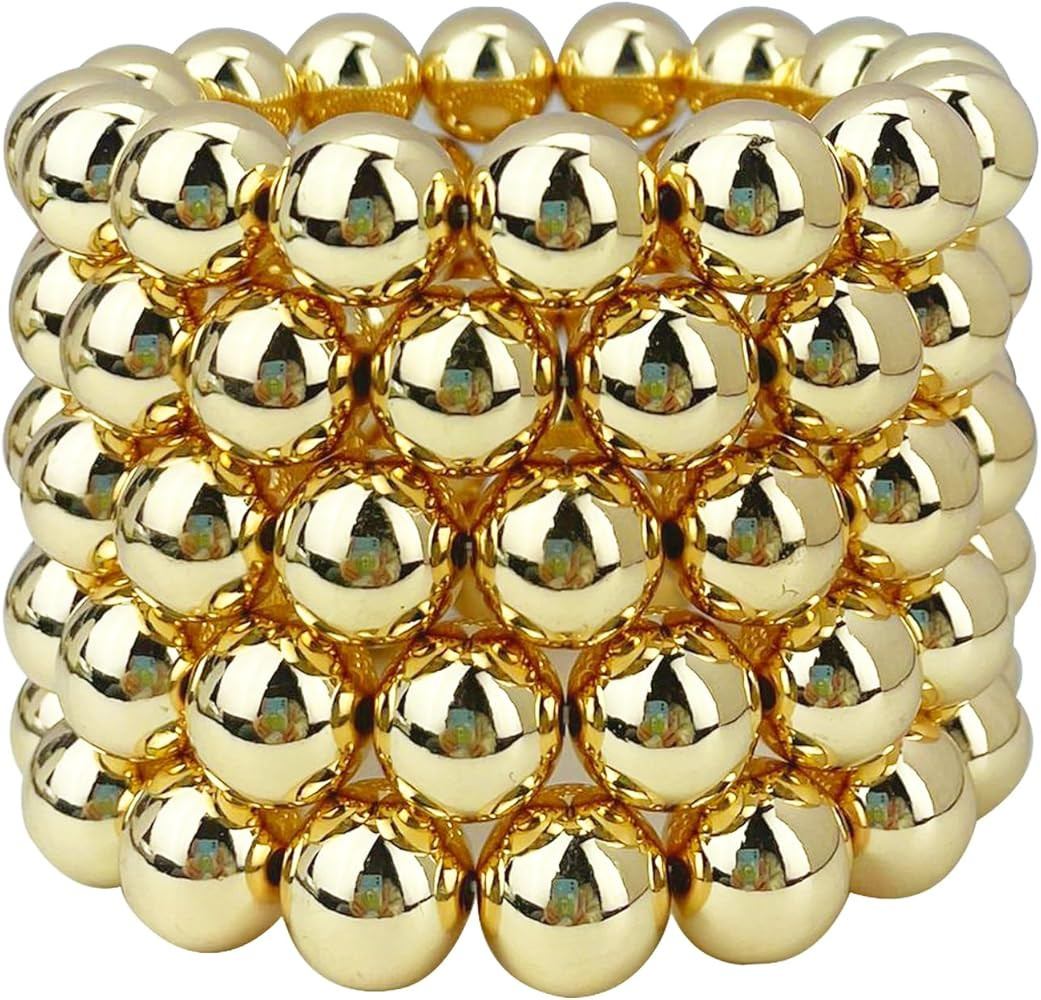 14K Gold Plated Beaded Bracelets Letter Stretch Dainty Stackable Bracelet for Women Girls | Amazon (US)