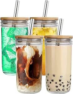 Iced Coffee Cups 4 Pack 20 oz, AmzFan Mason Jars Glass Cups, Boba Cups with Lids and Straws, Reus... | Amazon (US)