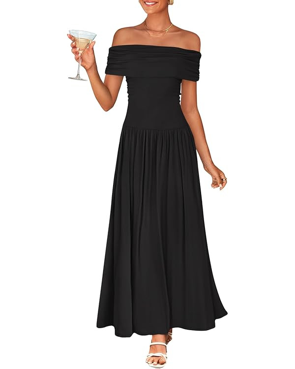 ZESICA Women's Off The Shoulder Maxi Dress 2026 Summer Sleeveless Casual Slim Swing Pleated Forma... | Amazon (US)