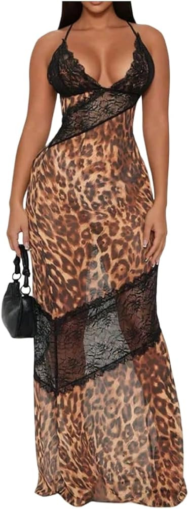 Floerns Women's Elegant Lace Cheetah Maxi Dress See Through Party Night Out Cami Dresses | Amazon (US)