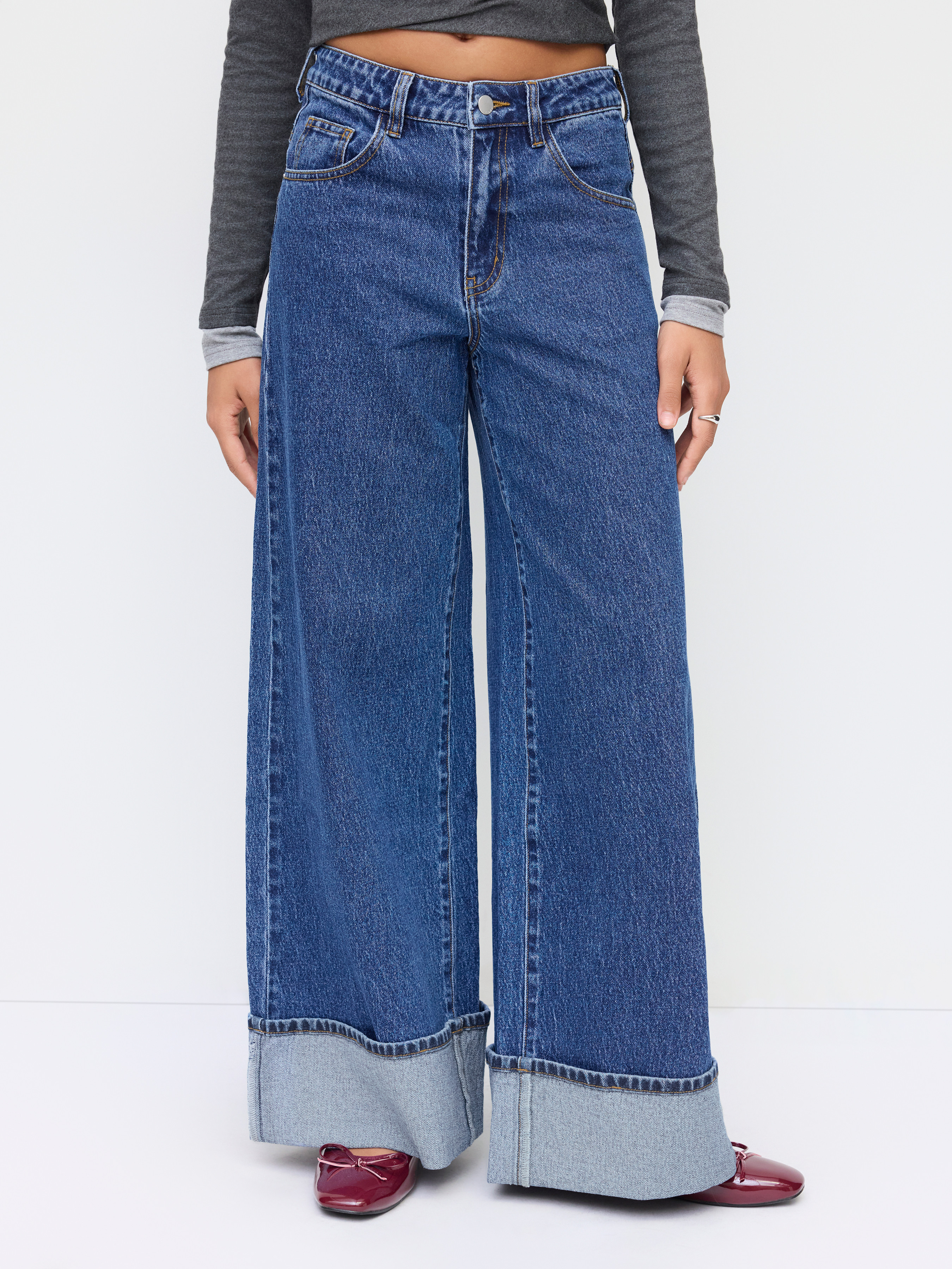 Denim Cider Denim Mid Rise Button Roll Hem Wide Leg Jeans For Daily Casual | Cider