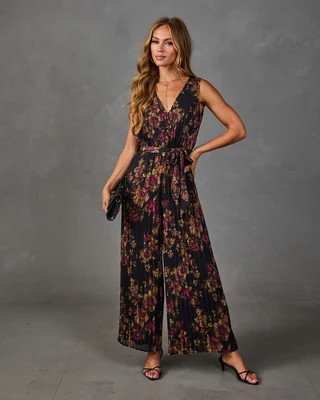 Shadowed Garden Floral Waist Tie Jumpsuit Black Multi / L | VICI
