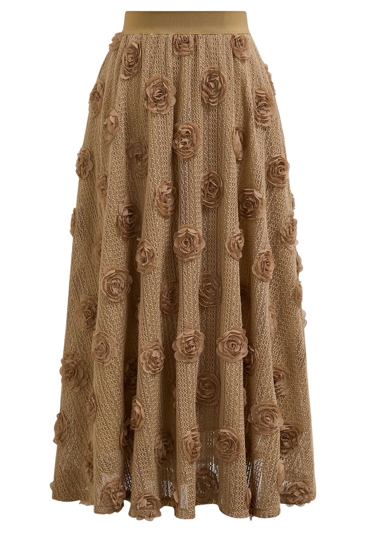 3D Rose Openwork Cotton Midi Skirt in Camel | Chicwish