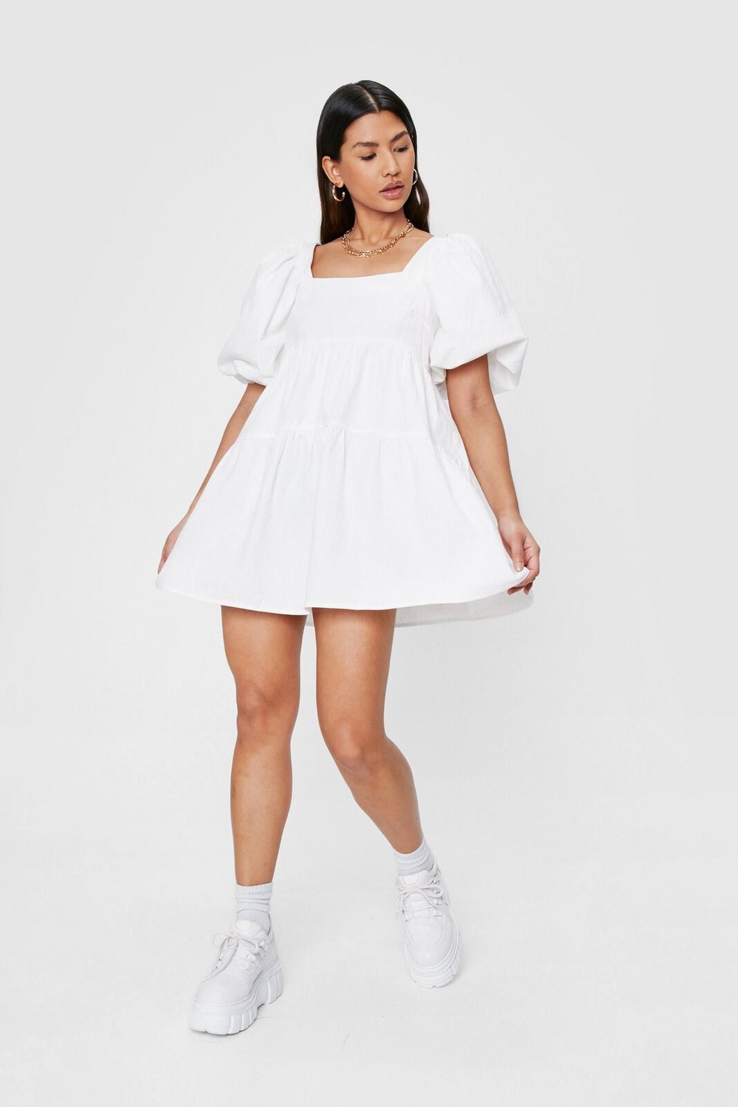 Linen Look Puff Sleeve Smock Mini Dress | Nasty Gal (US)