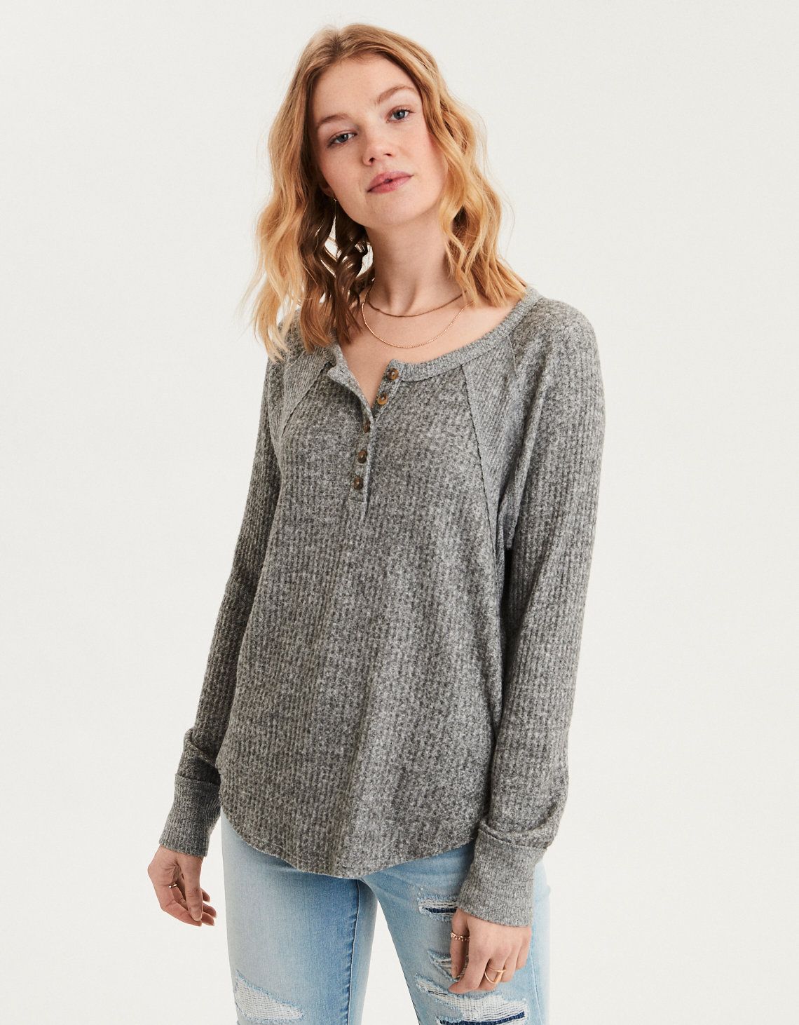 AE Plush Waffle Raglan Henley Button Top, Gray | American Eagle Outfitters (US & CA)