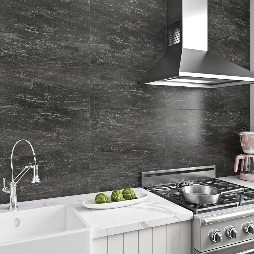Livelynine Dark Peel and Stick Tile 16pcs 24x12" Carbon Slate Wall Panel Marble Backsplash Tile f... | Amazon (US)