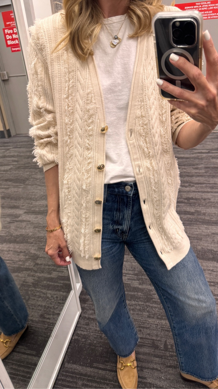 Oversized cream cardigan from Target 🎯

How good is this? Also comes in a taupe color. Love the gold buttons! 

Fit is oversized. Gretchen in a small here. She is 5’7."

#LTKOver40 #LTKHoliday #LTKootd