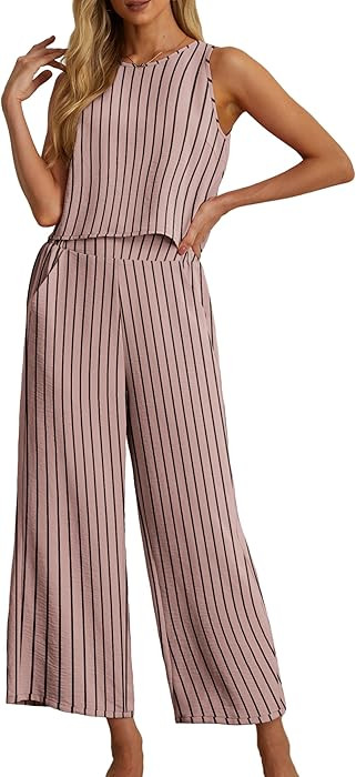 IWOLLENCE Women's Summer 2 Piece Outfits Set Round neck Sleeveless Tank Crop Top Wide Leg pants S... | Amazon (US)