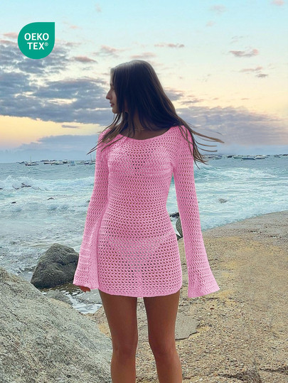 Women's Solid Color Sexy Hollow Out Backless Design Long Sleeve Knit Beach Cover Up Mini Dres... | SHEIN