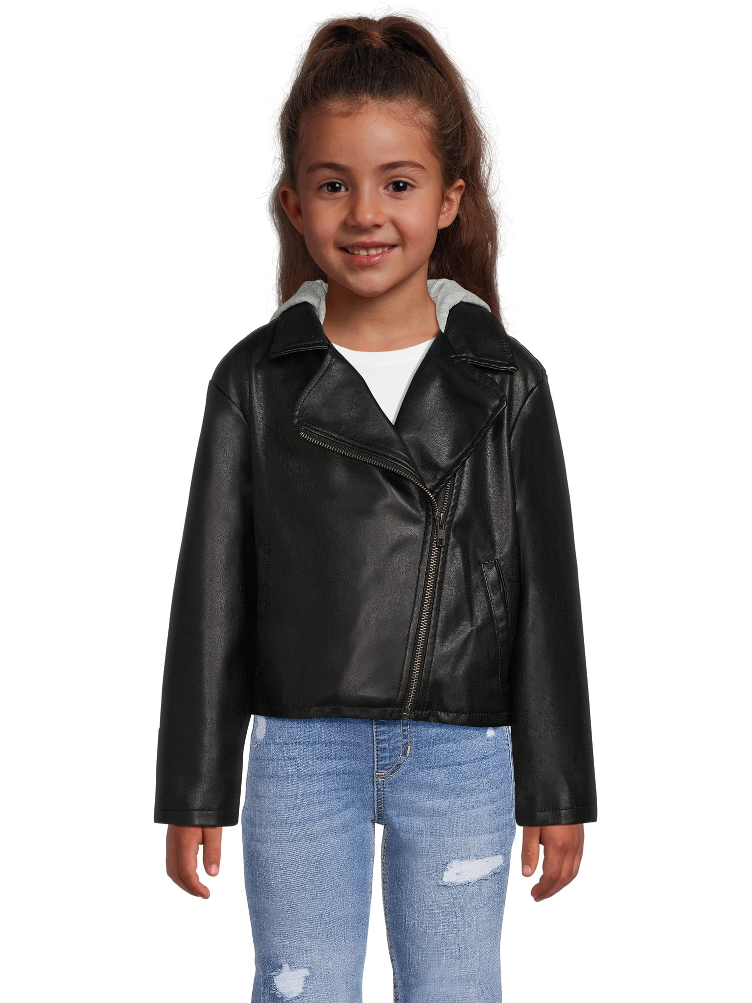 Wonder Nation Girls Faux Leather Moto Jacket with Knit Hood, Sizes 4-18 & Plus | Walmart (US)