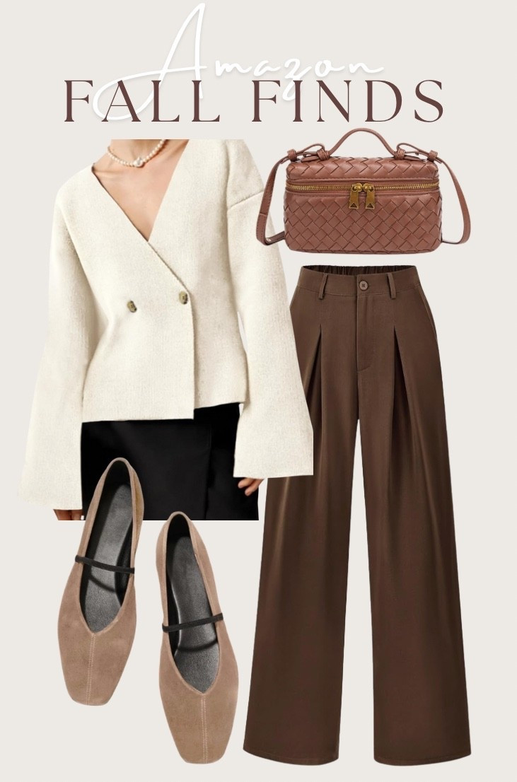 Amazon outfit idea featuring a cream sweater blazer, high-waisted brown trousers, suede Mary Jane flats, and a woven crossbody bag. A chic neutral fall look that's stylish, comfortable, and budget-friendly - perfect for everyday wear, casual outings or workwear. 




Amazon fall finds, cozy neutrals, timeless pieces, effortless chic look, #AmazonFinds #FallFashion #NeutralStyle #ChicOutfits #LTKFall #AmazonOutfit #OOTD
#FallWardrobe #MinimalStyle 


#LTKItBag #LTKWorkwear #LTKSeasonal #LTKShoeCrush