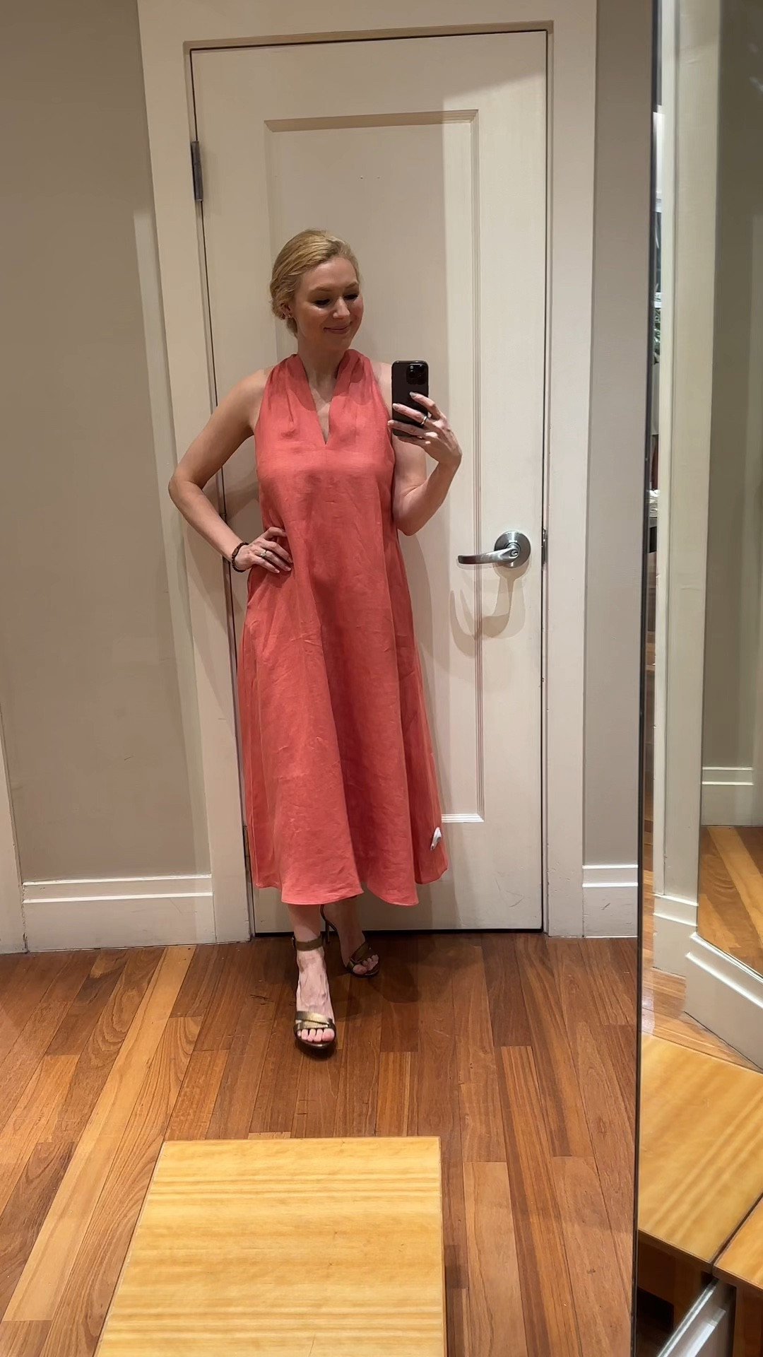 Coral pink linen lightweight summer dress. Good for travel and professional or lounging around the house. Pockets. Heals are bronze and beautiful and very comfortable 
#BananaRepublic

#LTKshoecrush #LTKtravel #LTKVideo