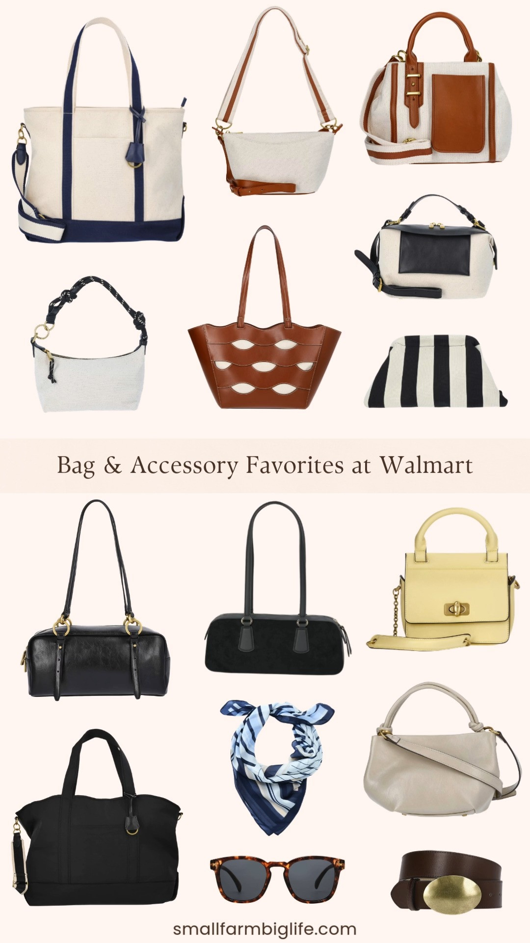 Obsessed with these affordable bag & accessory finds from Walmart 🤍✨

From classic tortoiseshell sunglasses and bold striped scarves to canvas totes, crossbody bags, and chic faux leather top handle styles, these pieces elevate any outfit instantly. Neutral tones with pops of butter yellow and stripe details make them easy to mix and match all season long 👜🖤 

 #LTKgrwm #LTKootd #LTKOver40