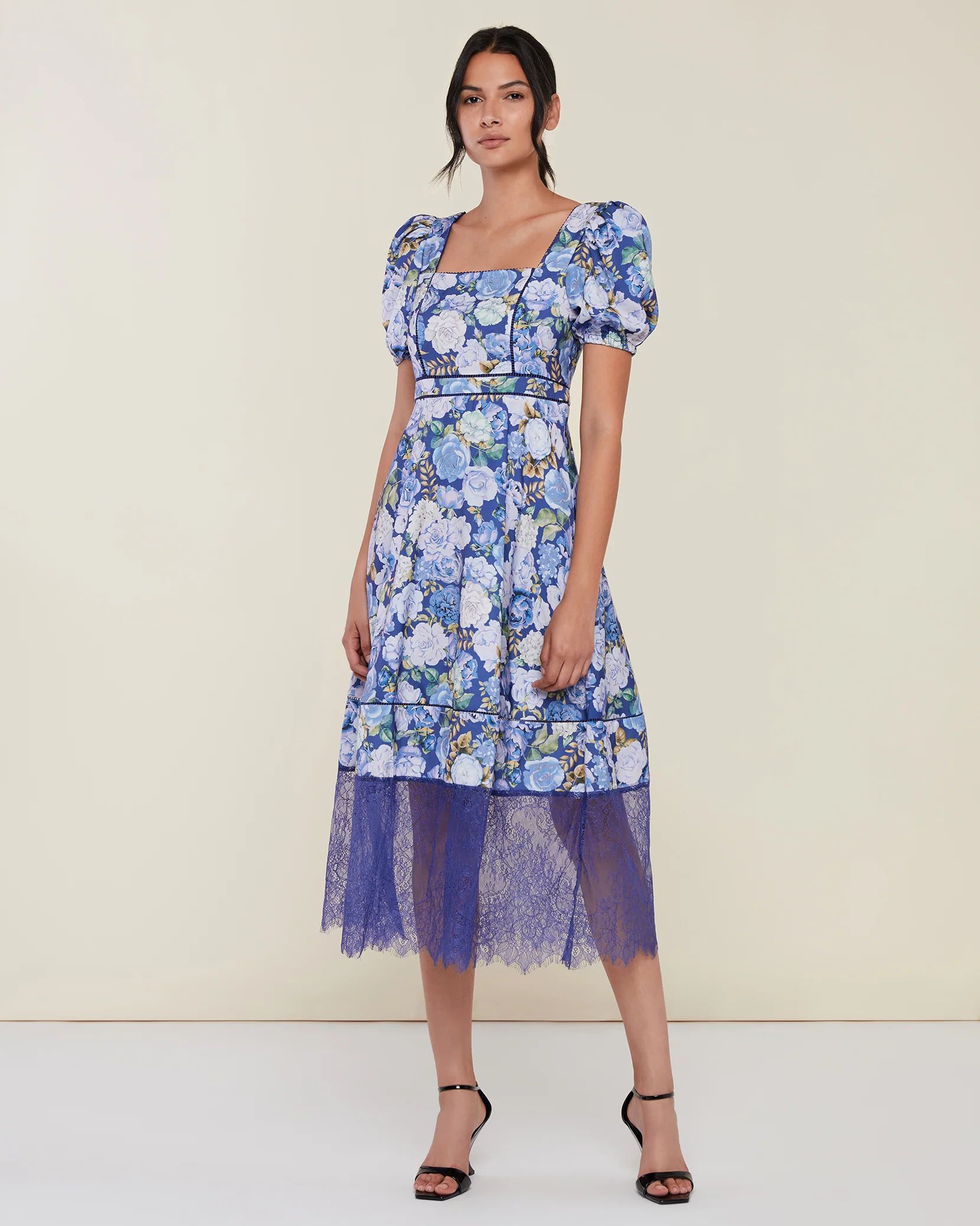 Puff Sleeve Lace Trim Midi Dress | Rachel Parcell