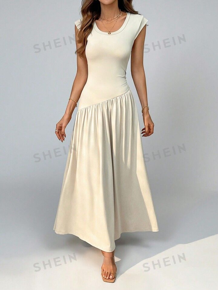 SHEIN Privé Women Simple And Elegant Daily Wear Chic Monochrome U-Neck Short Cap Sleeve Irregula... | SHEIN