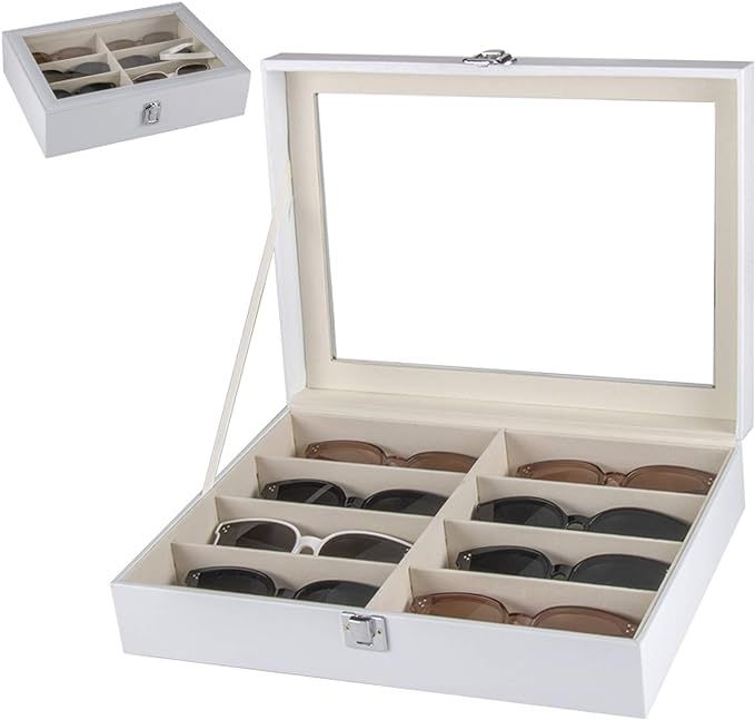 Cokritsm 8 Slot White Eyeglasses Sunglasses Organizer Box PU Leather with Clear Glass Storage Dis... | Amazon (US)