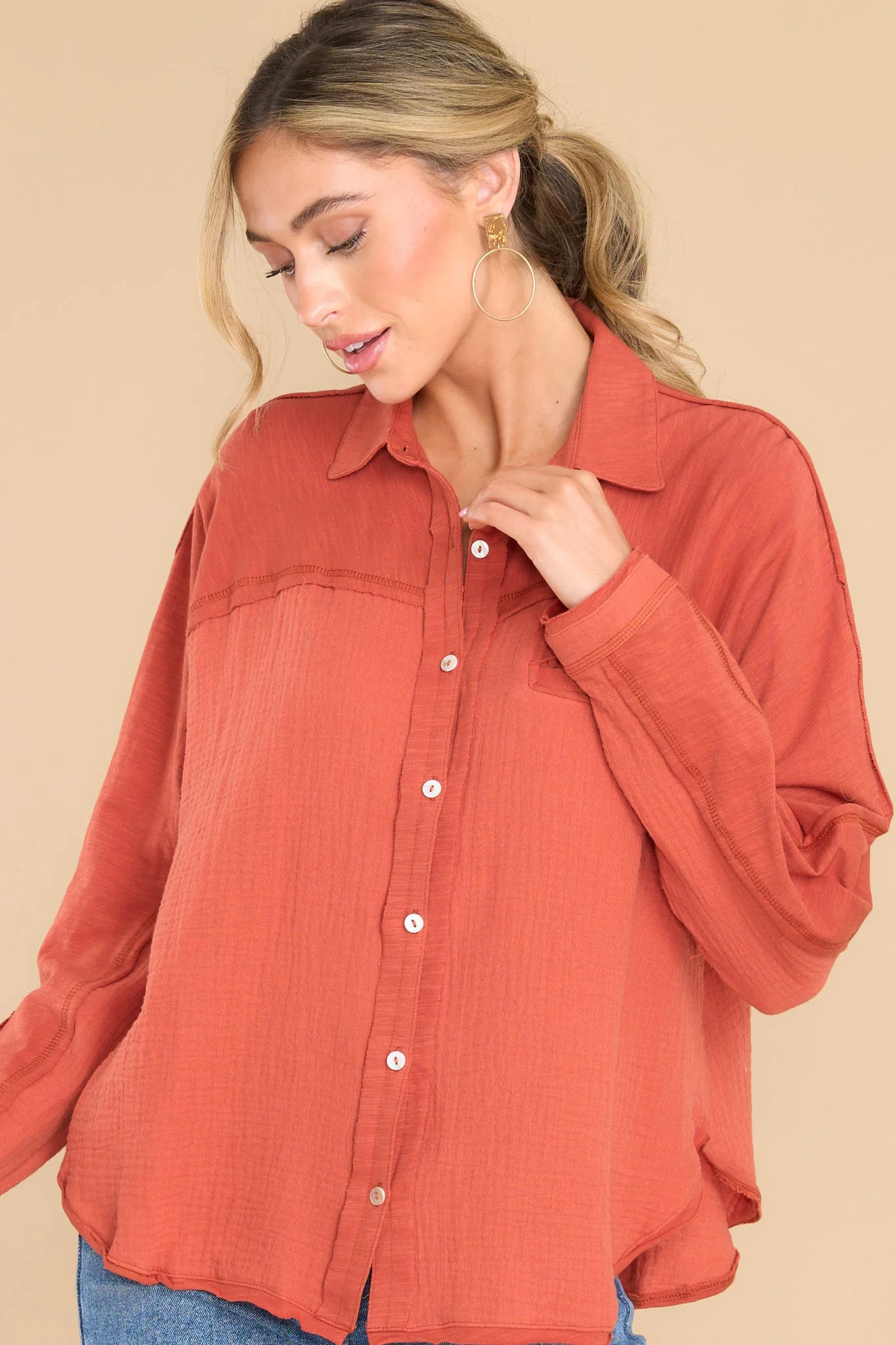 Carolina Chic Orange Gauze Button Front Top | Red Dress