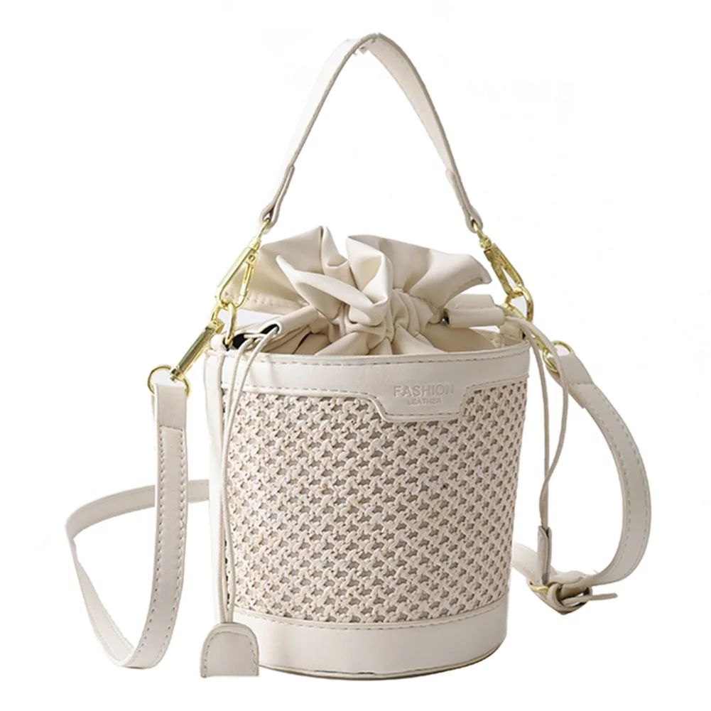 Yucurem Bucket Bags Fashion Straw PU Leather Stitching Shoulder Bag for Work (Beige) | Walmart (US)