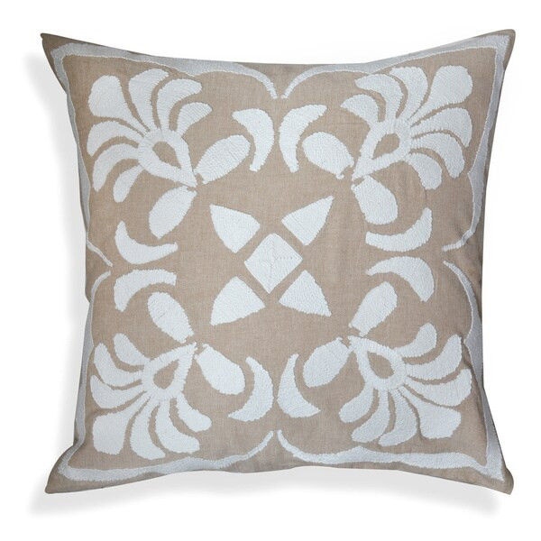 Hand Embroidered Beige/White Floral Cotton 20-inch Throw Pillow | Bed Bath & Beyond