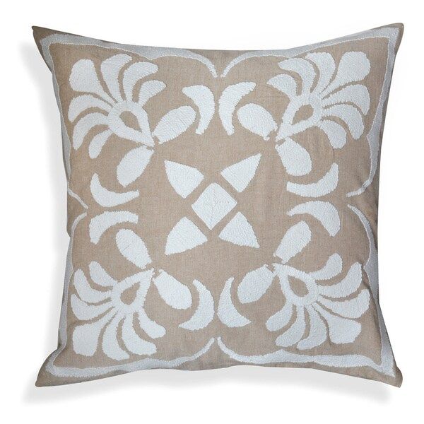 Hand Embroidered Beige/White Floral Cotton 20-inch Throw Pillow | Bed Bath & Beyond