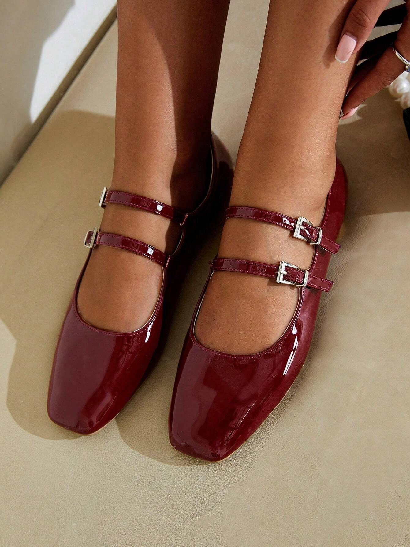 Cuccoo Everyday Collection Fashion Burgundy Mary Jane Flats For Women, Buckle Decor Square Toe Fl... | SHEIN