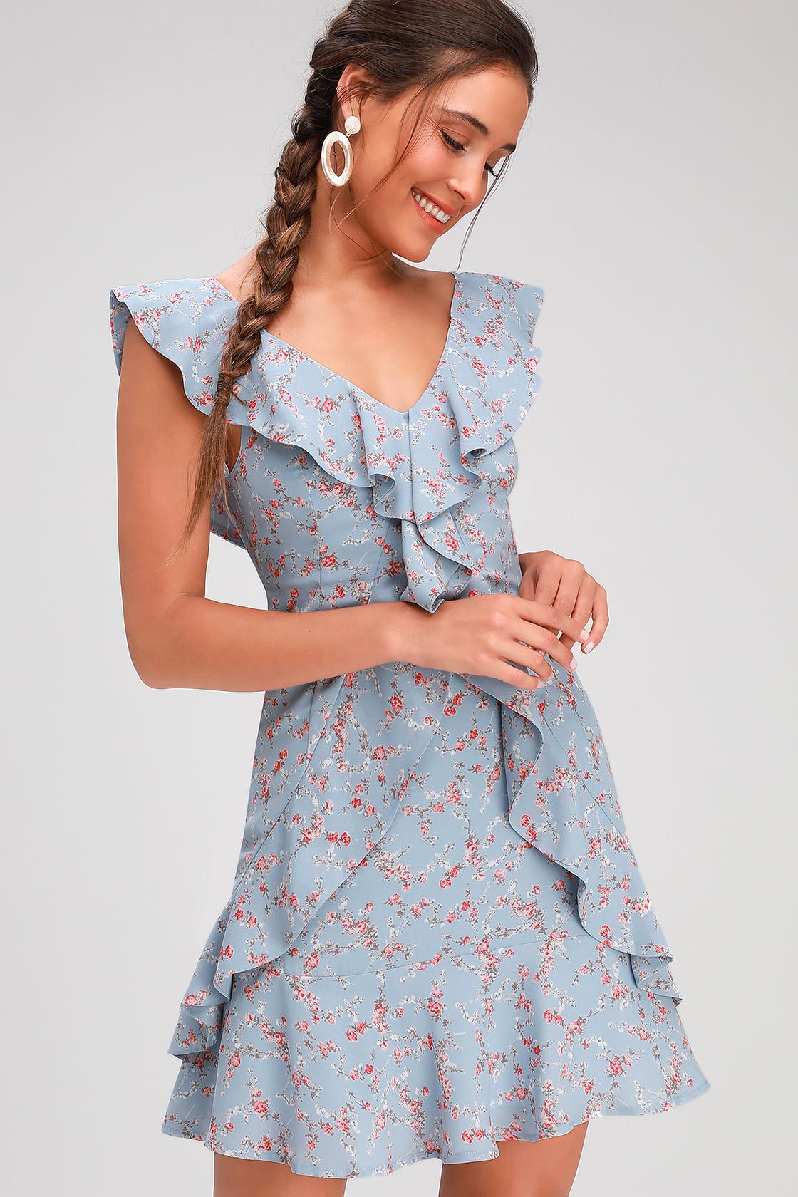 Radiant Rosa Light Blue Floral Print Ruffled Mini Dress | Lulus
