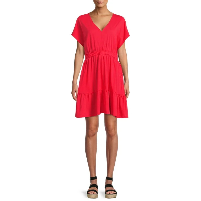 Time and Tru Women's Short Sleeve Knit V-Neck Tiered Dress - Walmart.com | Walmart (US)