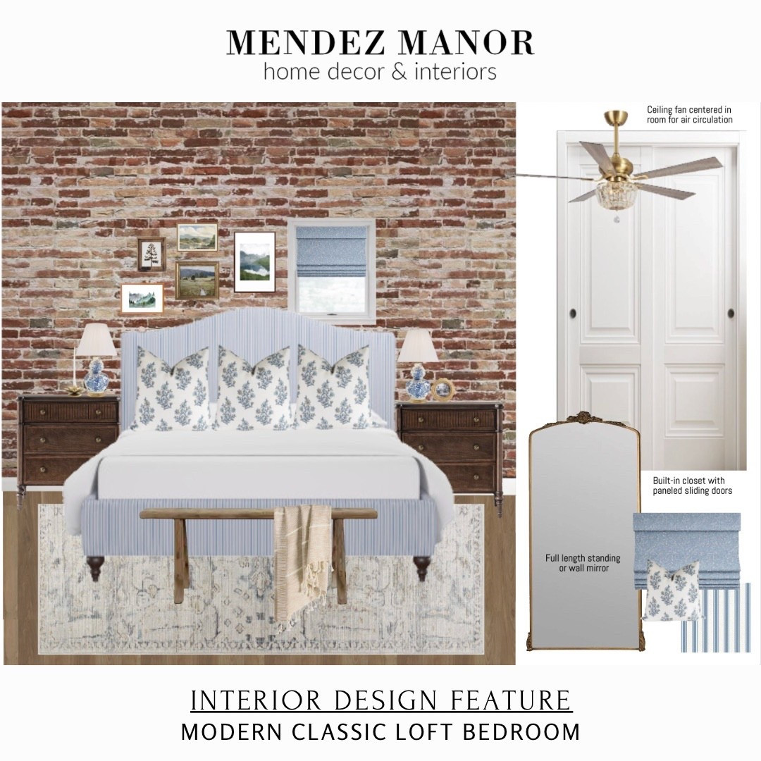 Master bedroom design with ticking stripe upholstered bed and matching wood night stands. 

The fabric Roman shades are from Two Pages. Use code: MENDEZMANOR for 24% off your order! 

This design is for a downtown loft apartment Airbnb rental. 👏🏻

#ceilingfan #arearug #floormirror #tallmirror #woodbench

#LTKHome #LTKTravel