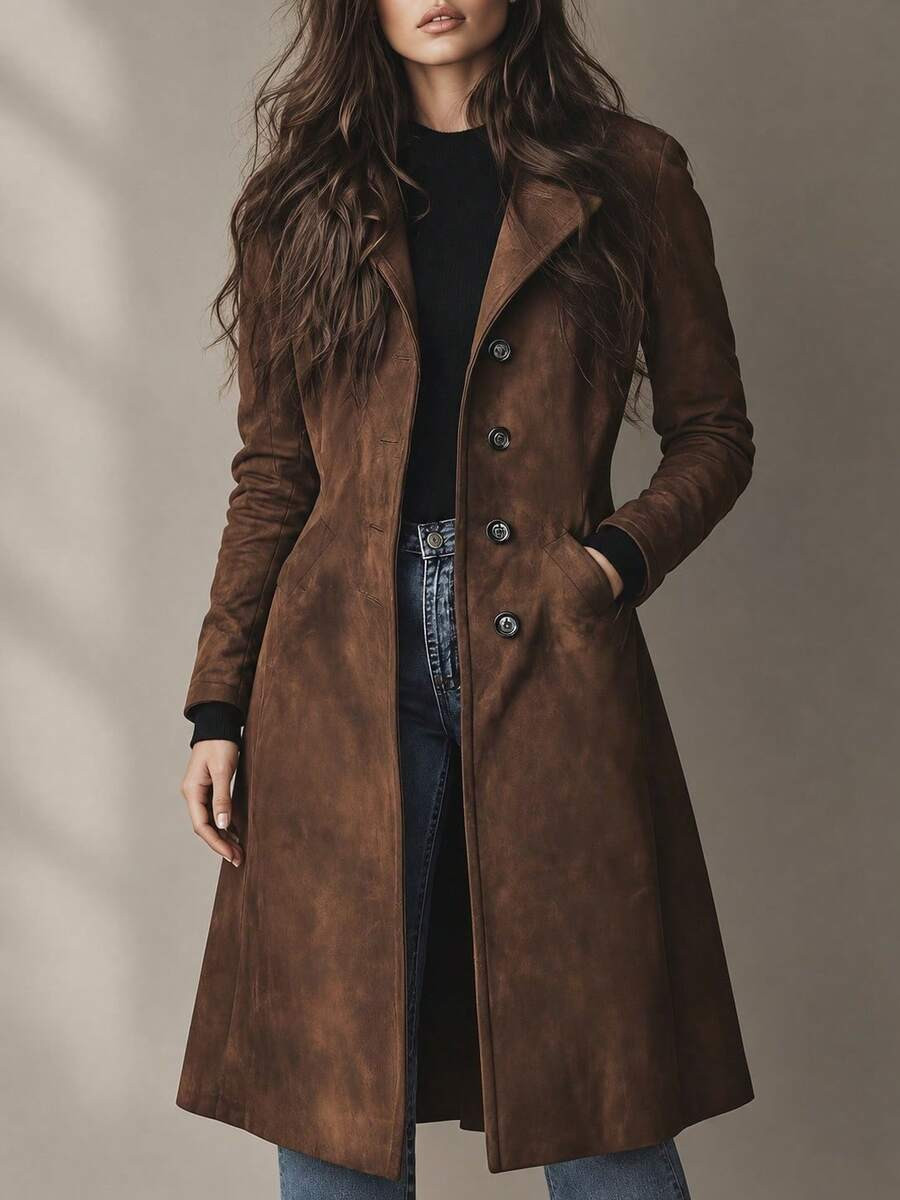 Women's Western Style Long Trench Coat Vintage Slim Fit Collared Long Sleeve Button Front Solid Brown Fall Outerwear For Weekend Styling | SHEIN