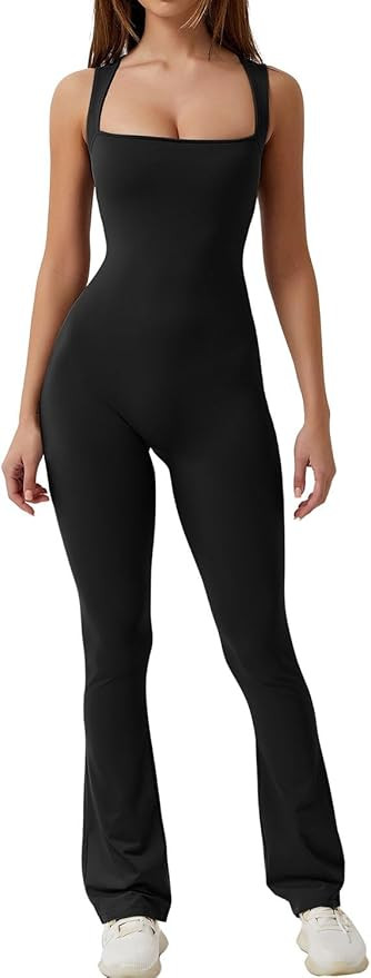 QINSEN Flare Jumpsuits for Women Strappy Square Neck Bodycon Full Length Long Pants Casual Playsu... | Amazon (US)