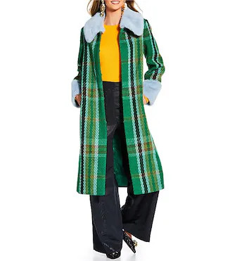 Antonio Melani x The Nat Note Patsy Textured Plaid Tweed Peter Pan Faux Fur Collar Trench Coat | ... | Dillard's