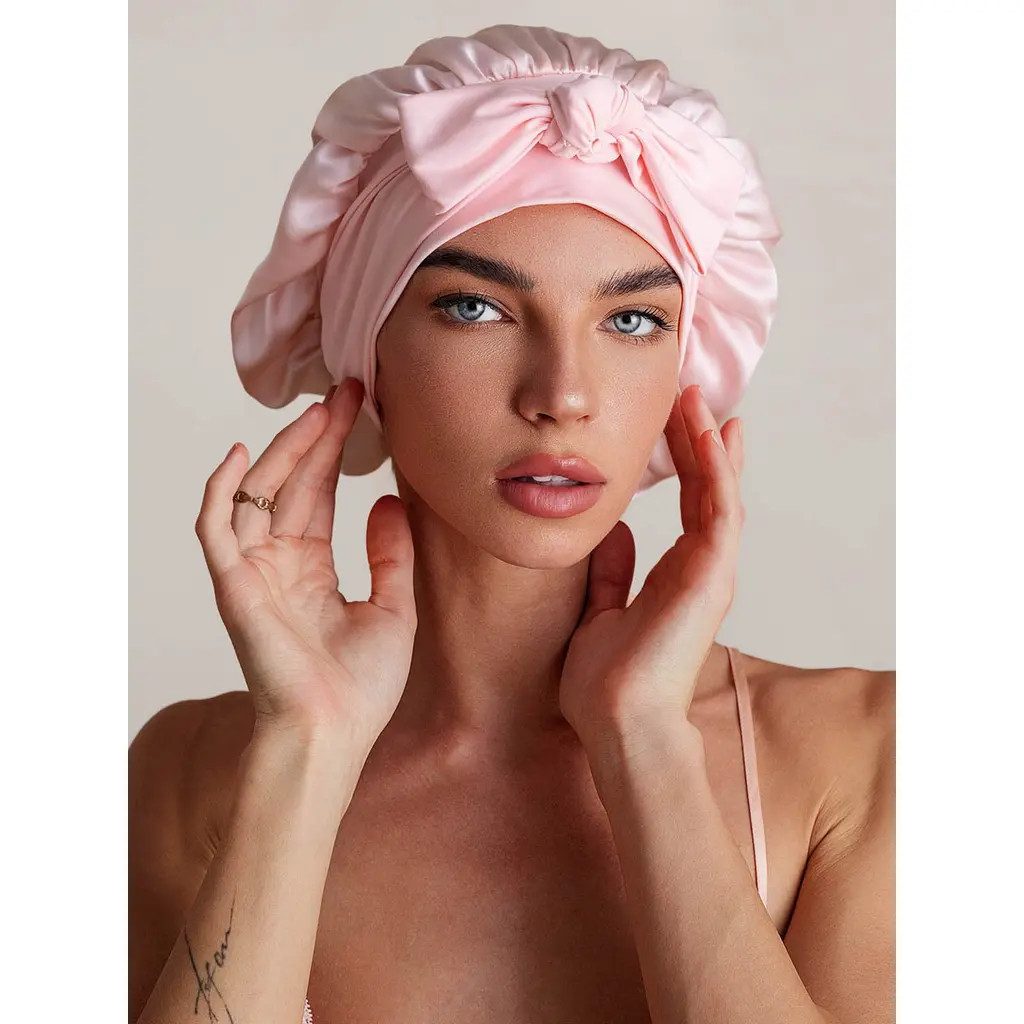 SILKSILKY Pure Silk Bowknot Tie Bonnet in Lightpink at Nordstrom | Nordstrom