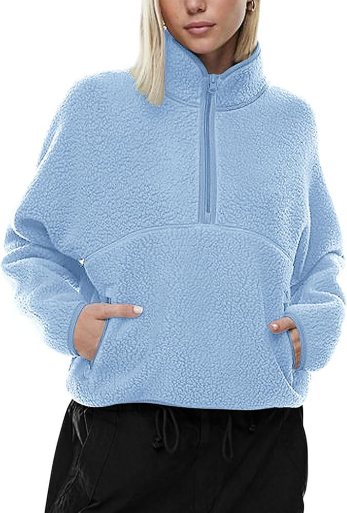 LASLULU Womens Half Zip Pullover Cropped Sweatshirts Sherpa Fleece Jacket Fuzzy Sweaters Cute Win... | Amazon (US)