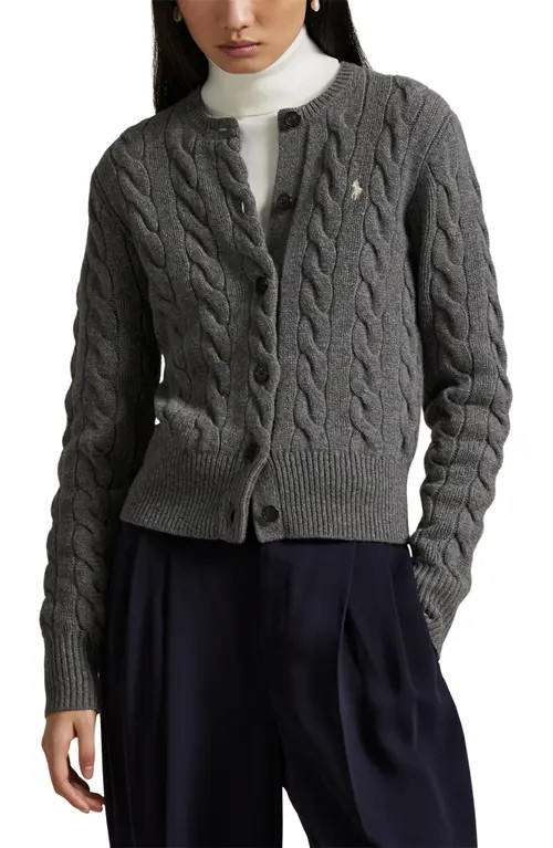 Polo Ralph Lauren Cable Wool & Cashmere Cardigan in Flannel Grey Heather at Nordstrom, Size X-Large | Nordstrom