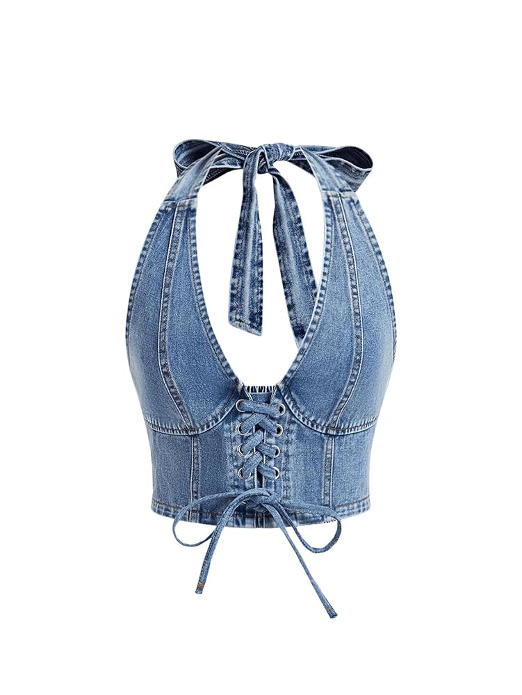 MakeMeChic Women's Denim Top Lace Up Sleeveless Halter V Neck Backless Y2K Denim Crop Top Vest | Amazon (US)