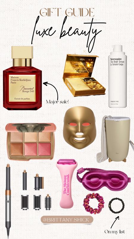 Luxe Beauty Gift Guide - 
Baccarat Rouge 540 perfume 
Slip Silk Pillowcase Scrunchie Contour Ice Mask Sleep Set 
The Skinny Confidential Ice Roller Set
Dyson Airwrap
Aromatherapy Essential Oils Towel Warmer
Hourglass Palette 
Necessaire Body Serum
Light Therapy Mask Collagen Production Kill Bacteria

#LTKsalealert #LTKGiftGuide #LTKbeauty