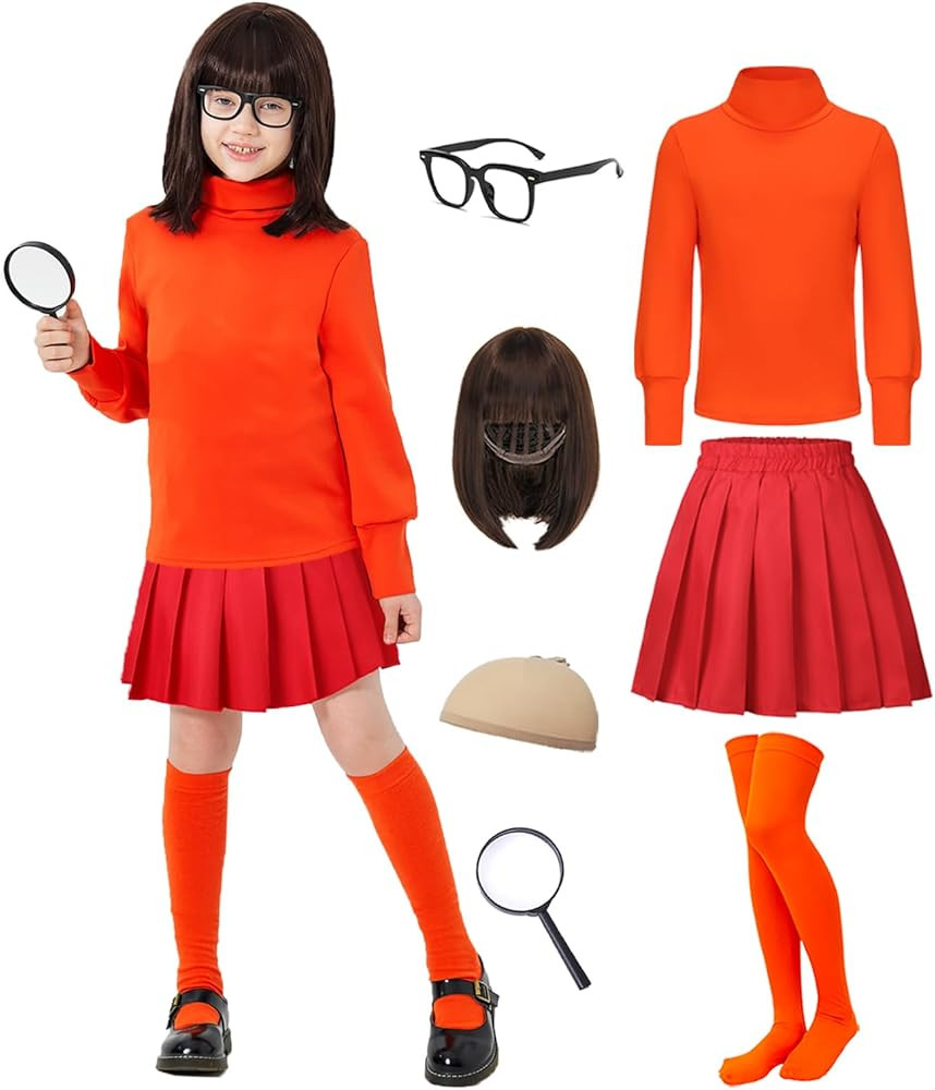Halloween Velma Costume Kids Girls Red Skirt Cosplay Outfits with Deluxe Accessories Glasses Wig ... | Amazon (US)