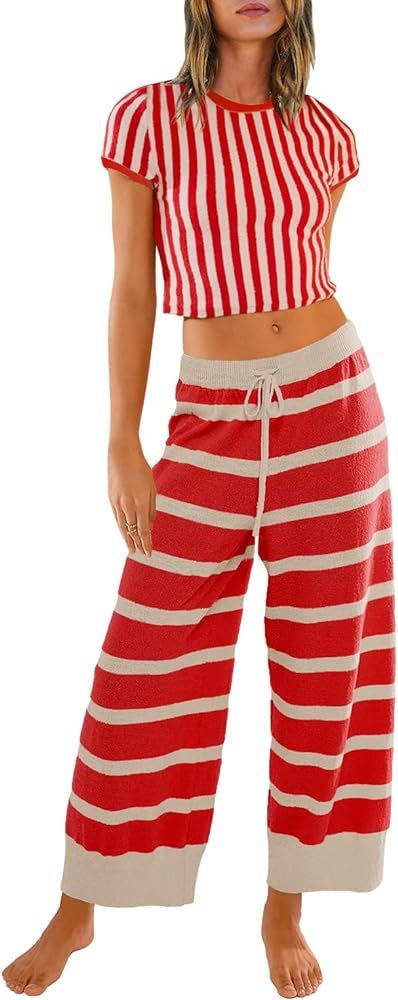 SENSERISE Womens Striped Sweater Set Two Piece Outfits Summer Knit Crop Tops & Pants Lounge Track... | Amazon (US)