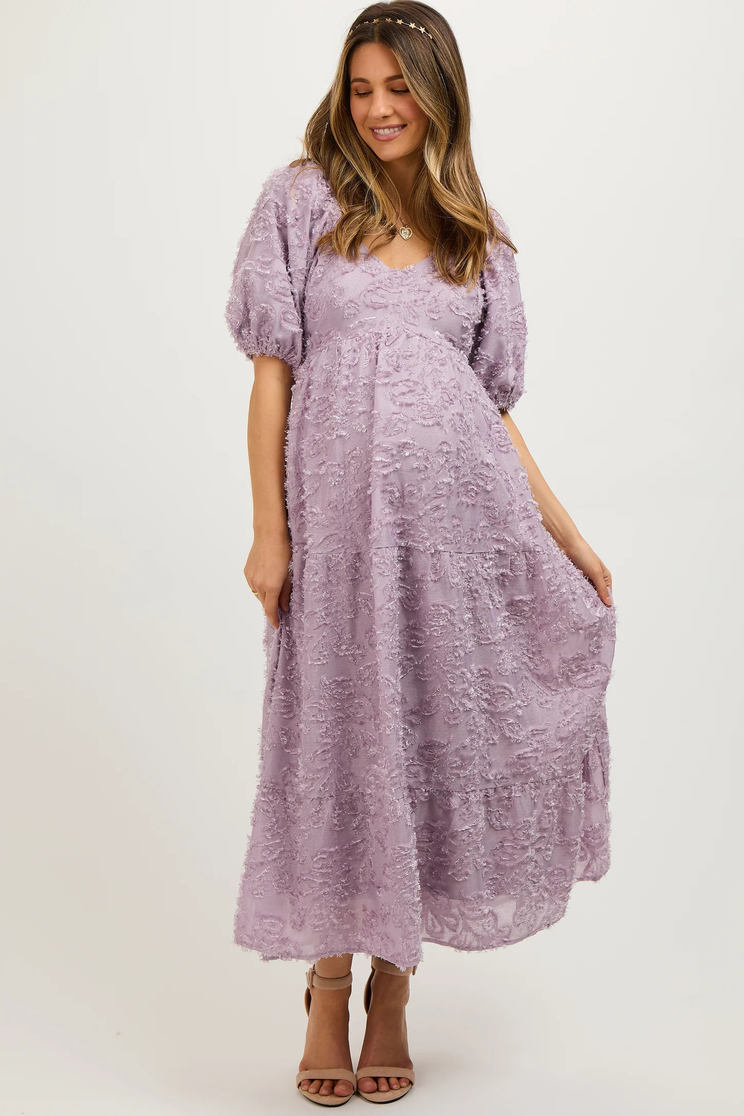 Lavender Fringe Textured Short Puff Sleeve Maternity Midi Dress | PinkBlush Maternity