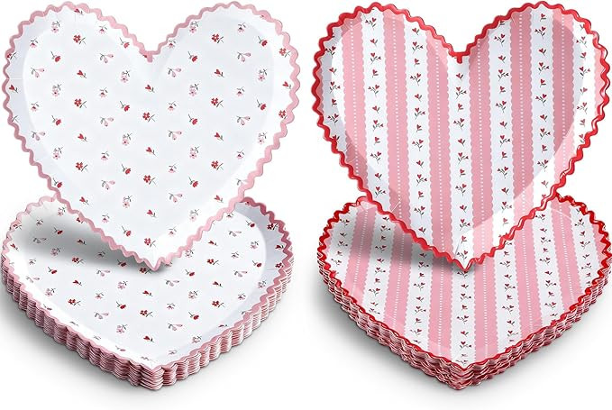 Yungyan 50 Pcs Valentines Scalloped Heart Disposable Plates Bulk 9 Inch Vintage Rose Heart Paper ... | Amazon (US)