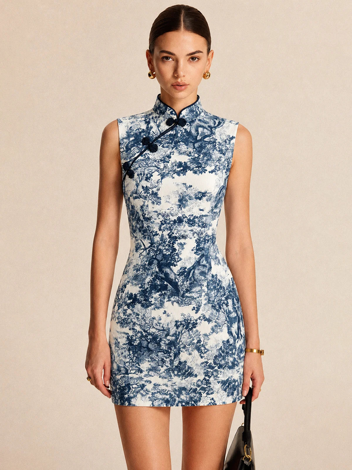 Toile Print Frog Button Sleeveless Mini Dress | Commense